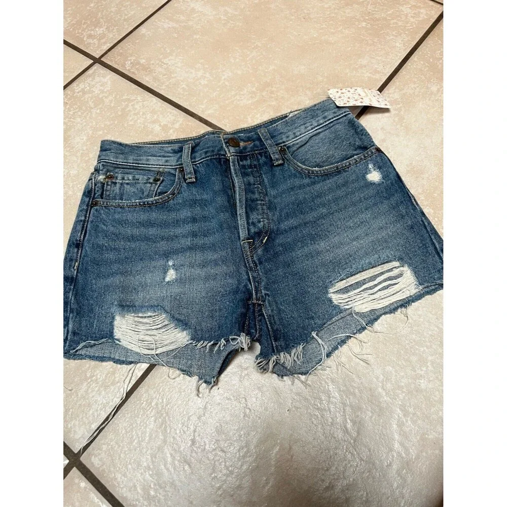 Free People Women 25 Blue Byron Bay Regular Mid Rise Denim Distressed Shorts New